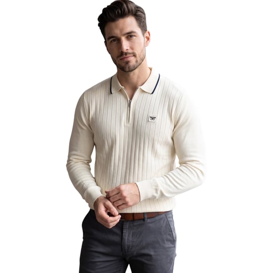 Cappuccino Mens Polo Shirts Ribbed Knit Tipped Long Sleeve 1/4 Golf Polo Tee - Image 1