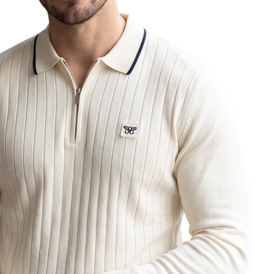 Cappuccino Mens Polo Shirts Ribbed Knit Tipped Long Sleeve 1/4 Golf Polo Tee - Image 3