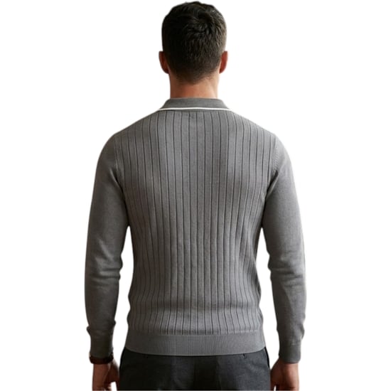 Cappuccino Mens Polo Shirts Ribbed Knit Tipped Long Sleeve 1/4 Golf Polo Tee - Image 2