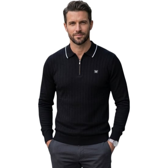 Cappuccino Mens Polo Shirts Ribbed Knit Tipped Long Sleeve 1/4 Golf Polo Tee - Image 1