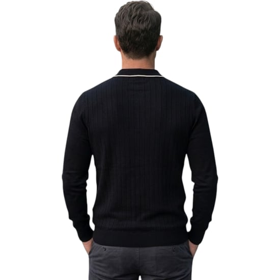 Cappuccino Mens Polo Shirts Ribbed Knit Tipped Long Sleeve 1/4 Golf Polo Tee - Image 2