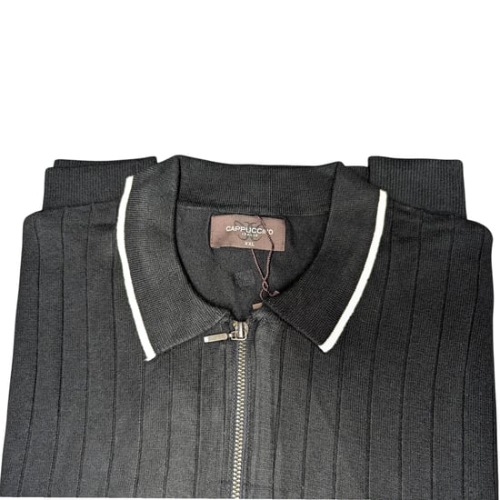 Cappuccino Mens Polo Shirts Ribbed Knit Tipped Long Sleeve 1/4 Golf Polo Tee - Image 3