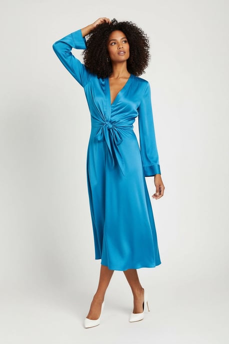 Turquoise Silky Long Sleeve Knot Front Dress - Image 2