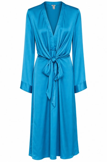Turquoise Silky Long Sleeve Knot Front Dress - Image 3