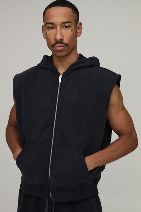 Oversized Boxy Sleeveless Padded Shoulder Wash Zip Hoodie - Image 1