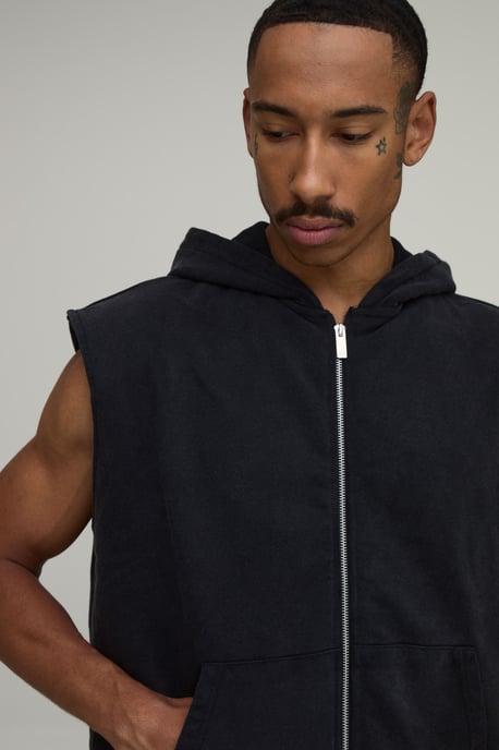 Oversized Boxy Sleeveless Padded Shoulder Wash Zip Hoodie - Image 3