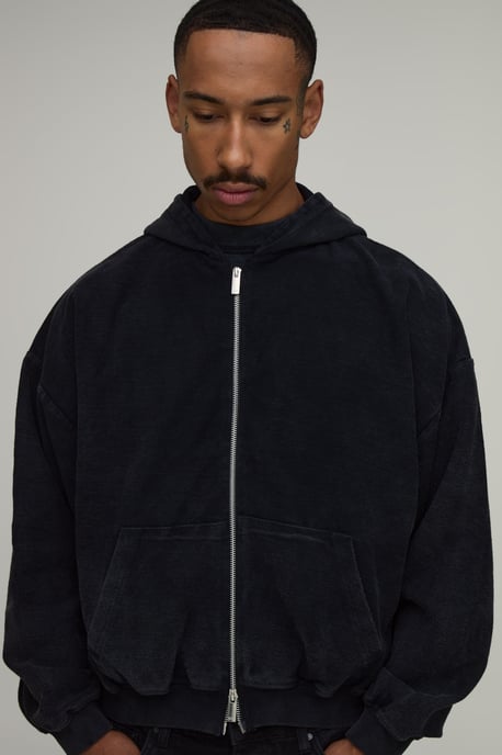 Oversized Boxy Drop Shoulder Loopback Wash Zip Through Hoodie - Image 3