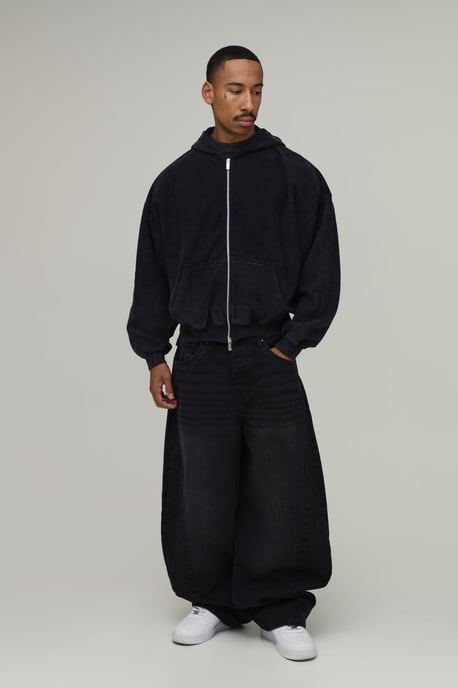 Oversized Boxy Drop Shoulder Loopback Wash Zip Through Hoodie - Image 4