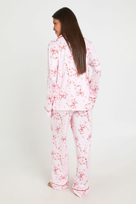 Bow Print Print Piping Detail Long Sleeve & Trouser Pyjama Set - Image 2