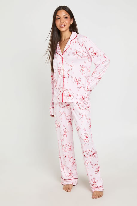 Bow Print Print Piping Detail Long Sleeve & Trouser Pyjama Set - Image 3