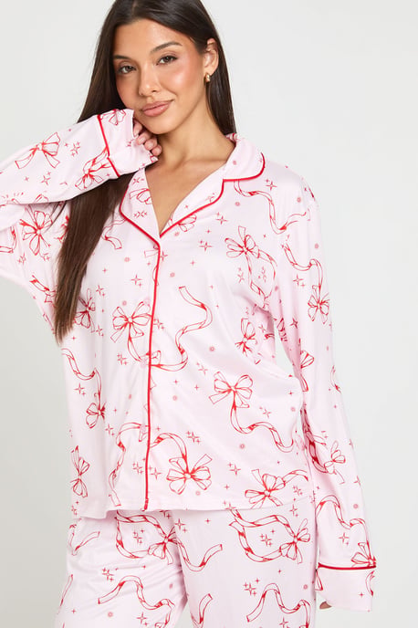 Bow Print Print Piping Detail Long Sleeve & Trouser Pyjama Set - Image 4