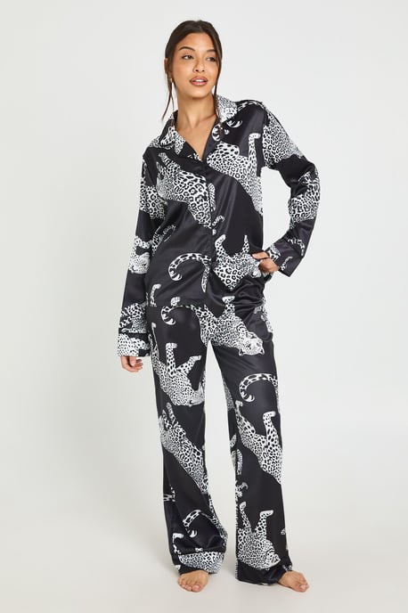 Satin Leopard Print Piping Detail Long Sleeve & Trouser Pyjama Set - Image 1