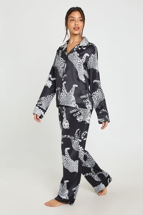 Satin Leopard Print Piping Detail Long Sleeve & Trouser Pyjama Set - Image 3