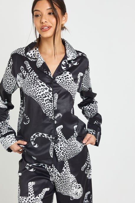 Satin Leopard Print Piping Detail Long Sleeve & Trouser Pyjama Set - Image 4