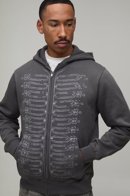 Charcoal Regular Napoleon Print Zip Through Hoodie - Image 3