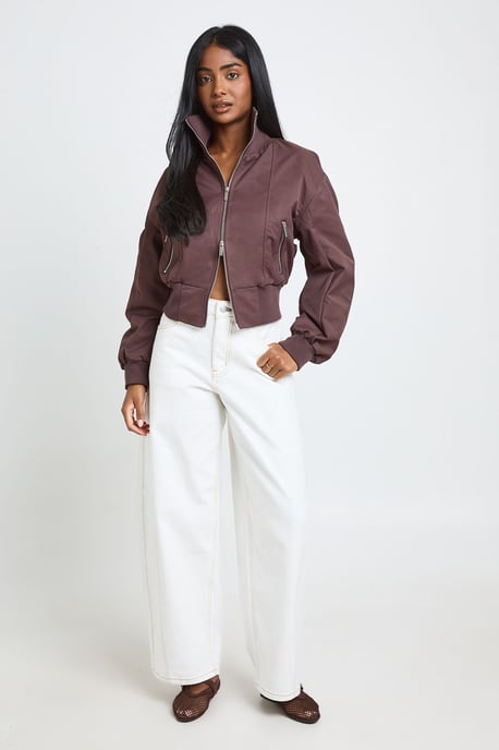 Petite Ribbed Funnel Neck Bomber Jacket - Image 3