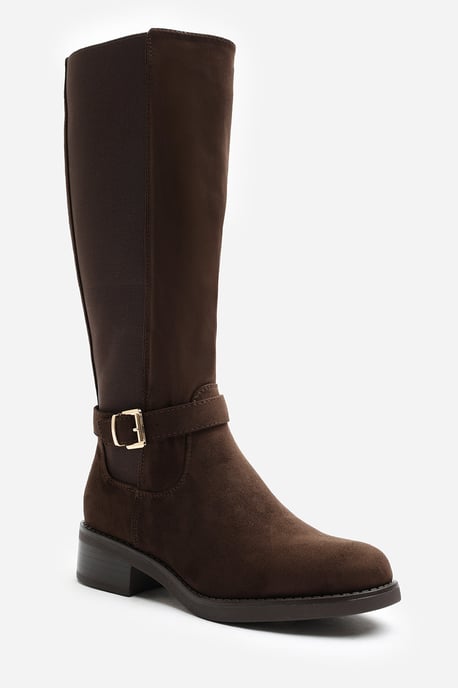 Wheres That From Womens Journi Stretch Knee High Riding Boots with Side Buckle Strap In Dark Brown Suede - Image 2