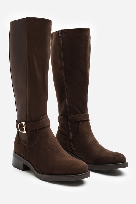 Wheres That From Womens Journi Stretch Knee High Riding Boots with Side Buckle Strap In Dark Brown Suede - Image 3