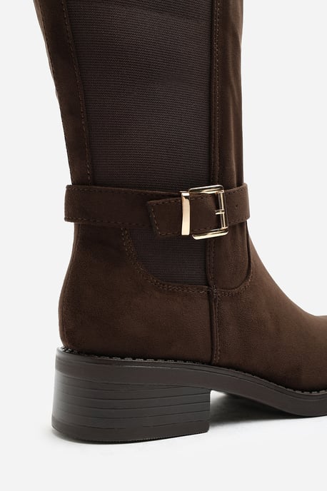 Wheres That From Womens Journi Stretch Knee High Riding Boots with Side Buckle Strap In Dark Brown Suede - Image 4