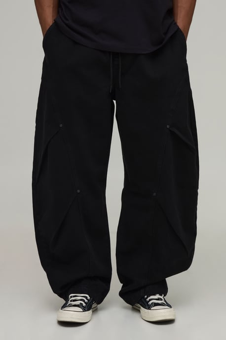 Elasticated Waist Balloon Fit Double Leg Pleat Detail Twill Trousers - Image 1