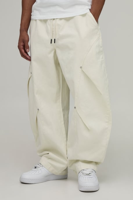 Elasticated Waist Balloon Fit Double Leg Pleat Detail Twill Trousers - Image 1