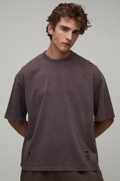 Washed Chocolate Oversized Boxy Dragon Print Distressed T-Shirt - Image 3