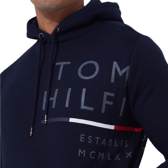 Tommy Hilfiger Mens Fleece Hoodie Wraparound Logo Pullover Hooded Crew Neck Top - Image 3