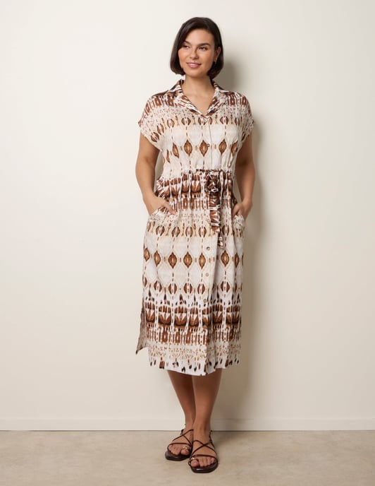 Drawstring Printed Midi Shirt Dress - Image 1