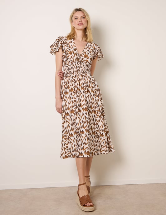 Printed V Neck Frill Sleeve Midi Dress - Image 1