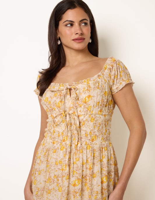 Double Front Tie Shirred Ditsy Floral Maxi Dress - Image 2