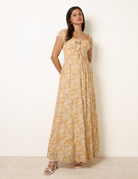 Double Front Tie Shirred Ditsy Floral Maxi Dress - Image 3