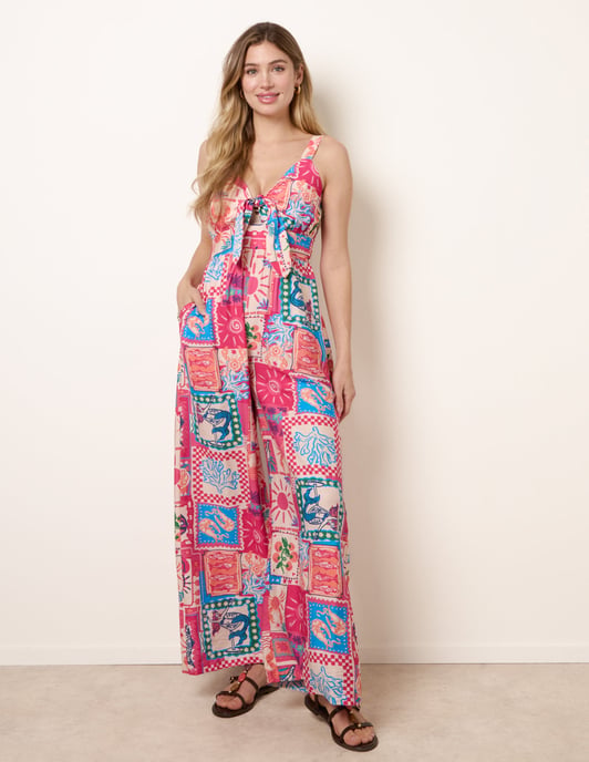 Tie Front Jumpsuit In Postcard Print - Image 3