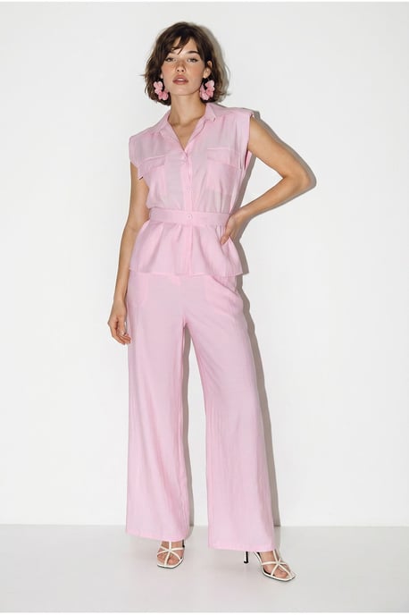 Belted Sleeveless Blouse And Wide-Leg Trousers Set - Image 1