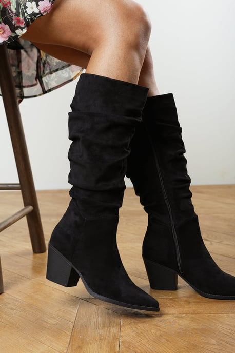 Wheres That From Womens Drelia Ruched Western Knee High Boot In Black Suede - Image 1