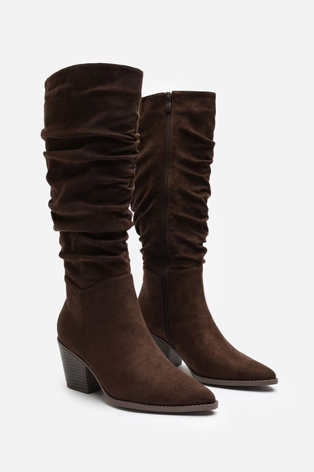 Wheres That From Womens Drelia Ruched Western Knee High Boot In Dark Brown Suede - Image 4
