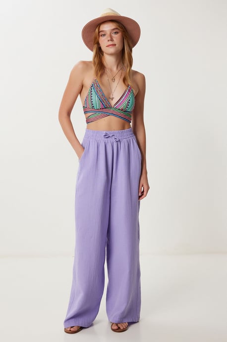Wide Leg Drawstring Waist Pants with Binding Detail - Image 2