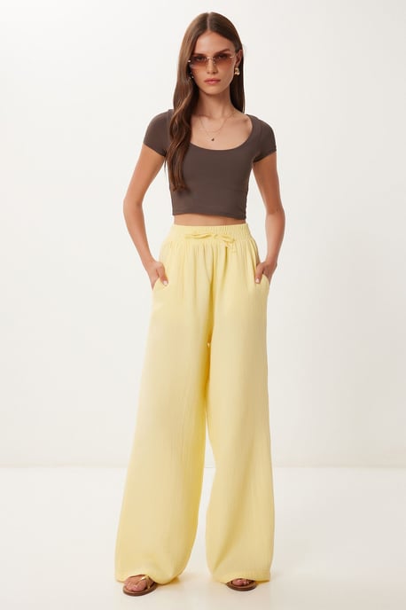 Wide Leg Drawstring Waist Pants with Binding Detail - Image 1