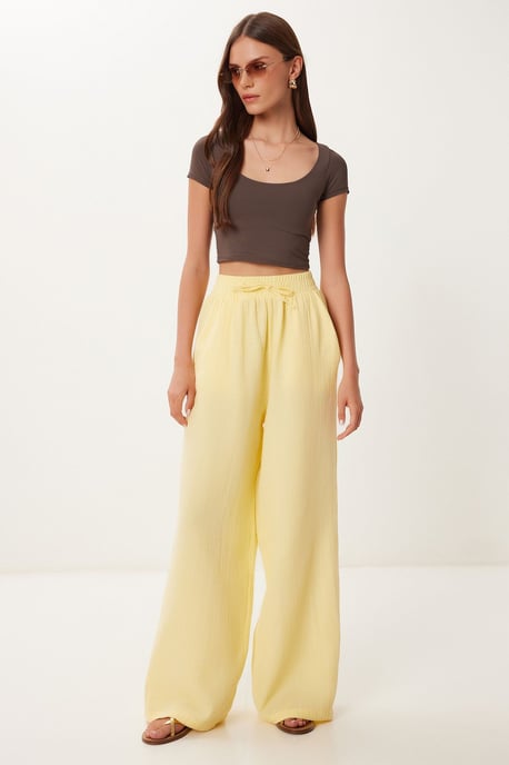 Wide Leg Drawstring Waist Pants with Binding Detail - Image 2