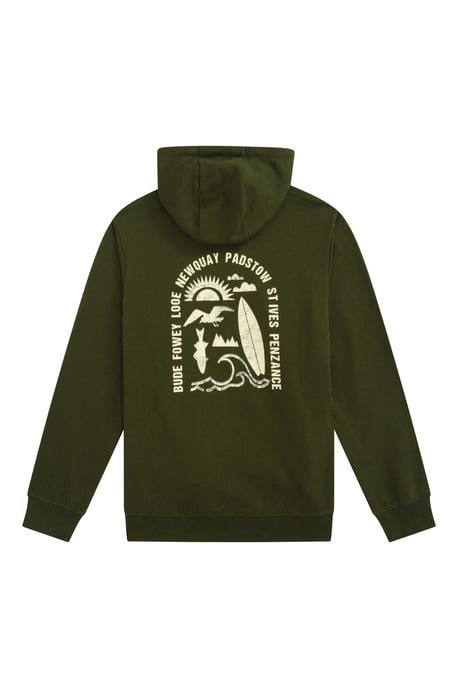 'Regional' Men's Cornwall Graphic Overhead Hoodie Drawcord Warm Cosy Pullover Khaki - Image 2