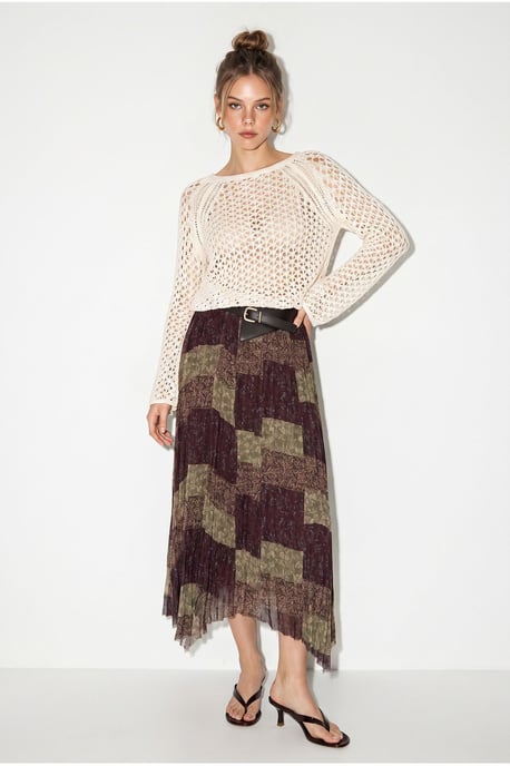 High Waist Paisley Print Midi Skirt with Belt - Image 2
