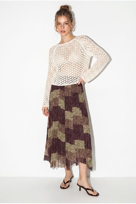 High Waist Paisley Print Midi Skirt with Belt - Image 3