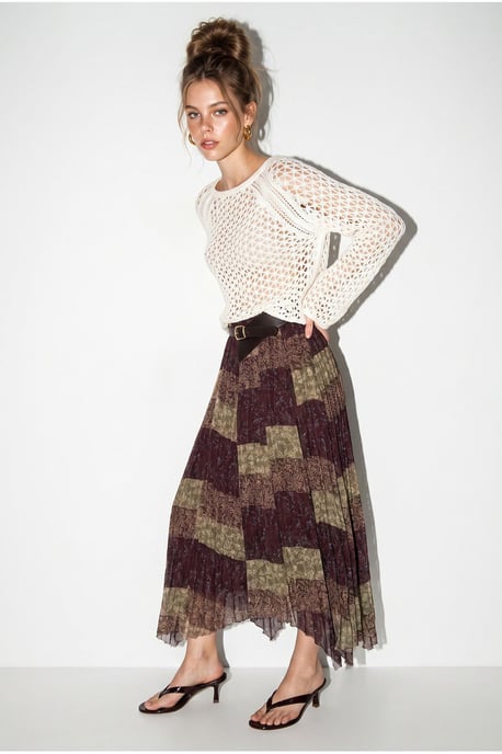 High Waist Paisley Print Midi Skirt with Belt - Image 4