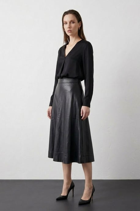 High-Waist Midi A-Line Faux Leather Skirt - Image 6