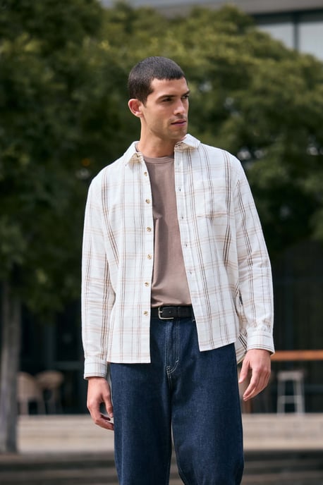 'Cove' Men's Check Flannel Shirt Cotton Buttoned Breathable Top Ecru - Image 1