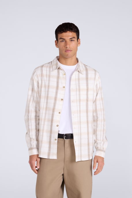 'Cove' Men's Check Flannel Shirt Cotton Buttoned Breathable Top Ecru - Image 2