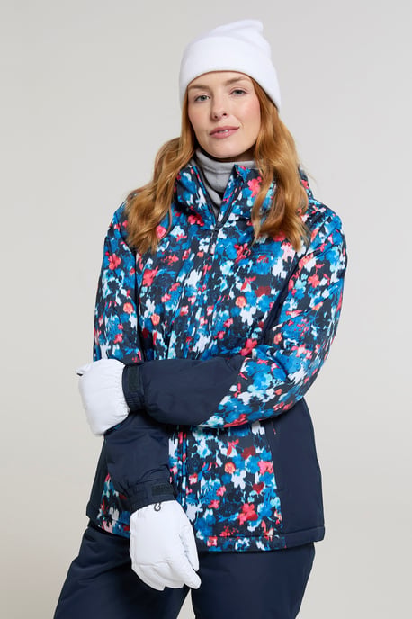 Women's Patterned Ski Jacket and Pants Set Padded Hooded Snowproof Winter Outfit Teal - Image 1