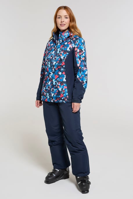 Women's Patterned Ski Jacket and Pants Set Padded Hooded Snowproof Winter Outfit Teal - Image 2