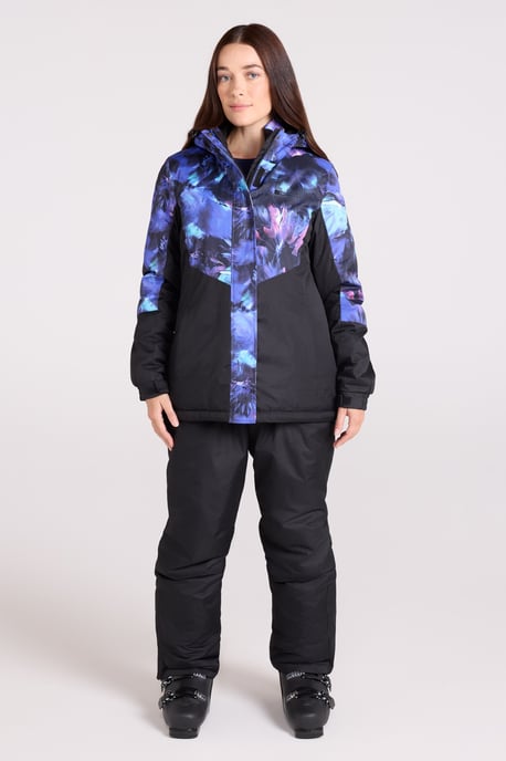 Women's Patterned Ski Jacket and Pants Set Padded Hooded Snowproof Winter Outfit Medium Blue - Image 1