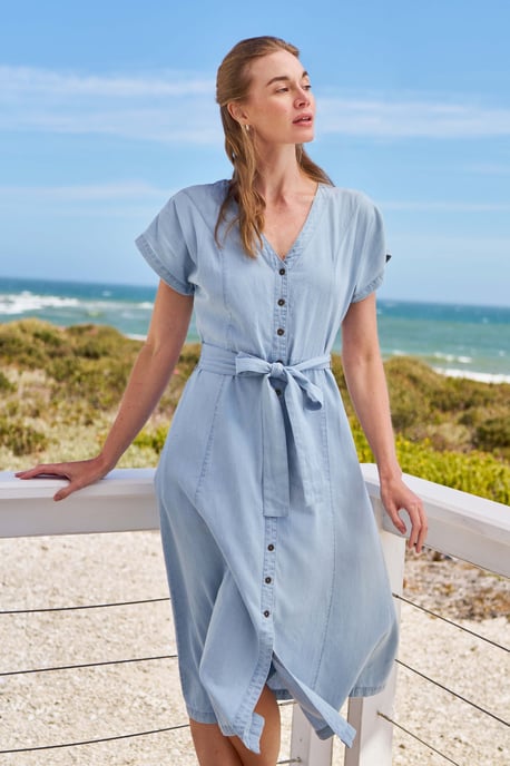 'Tulum' Women's Denim Dress Button Through Cotton Lightweight Midi Dress With Belt Pale Blue - Image 1