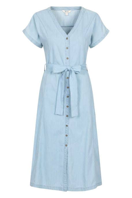 'Tulum' Women's Denim Dress Button Through Cotton Lightweight Midi Dress With Belt Pale Blue - Image 2